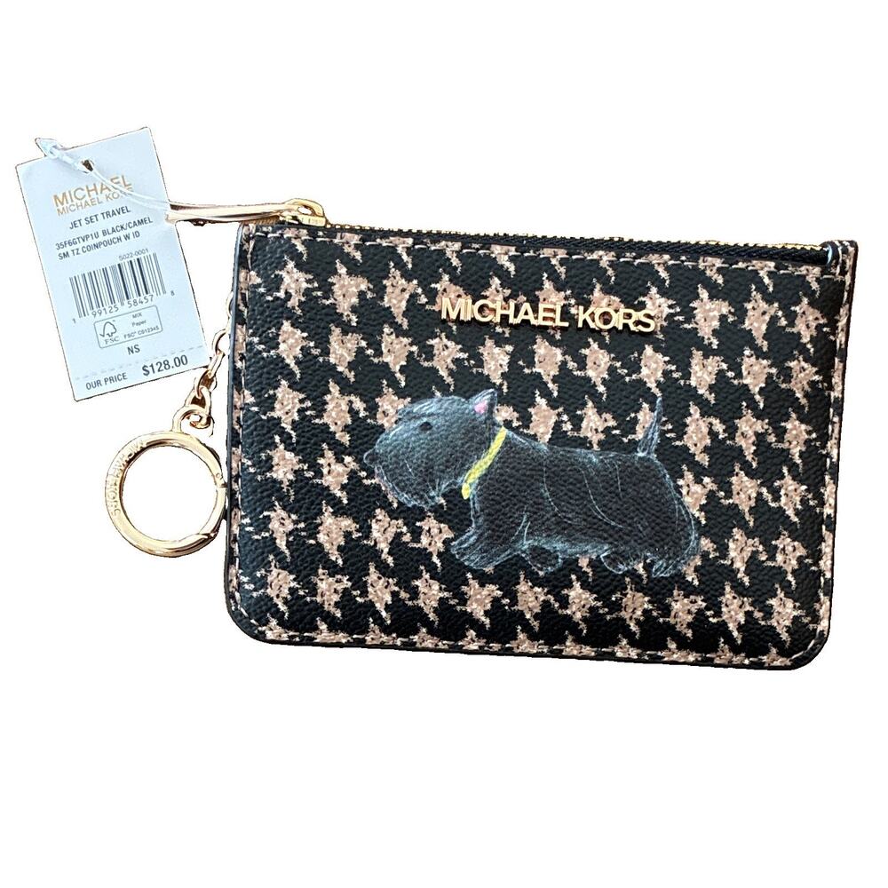 NWT Michael Kors Women’s Black Beige Houndstooth Wristlet Wallet Zip ID Key Ring